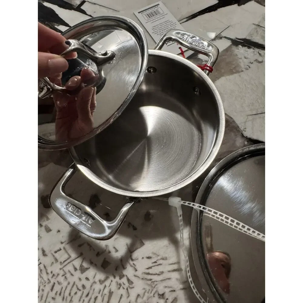 Two ALL CLAD Stainless Steel 1/2 QT. Cocotte with Lids. New. Lifetime Warranty